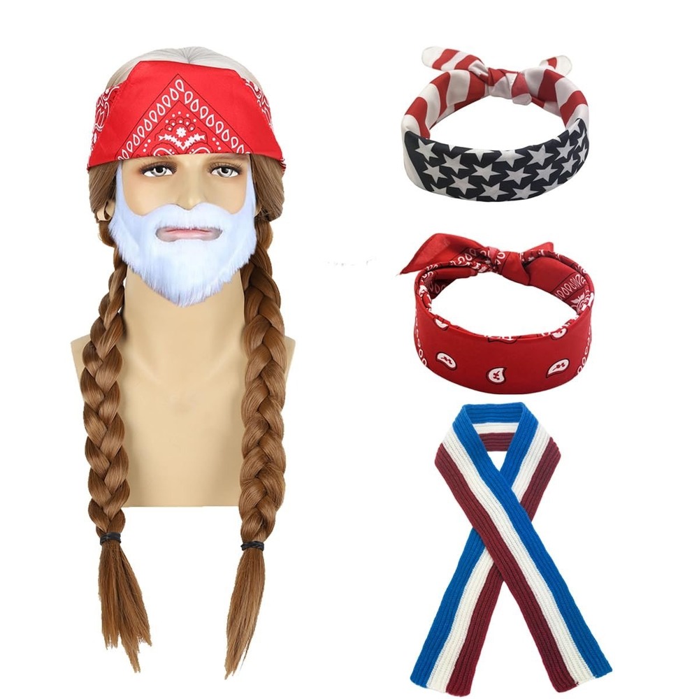 Mens Long Braided Hippie Ombre Wig Set Country Rock Singer‎ Costume 5pc NWT